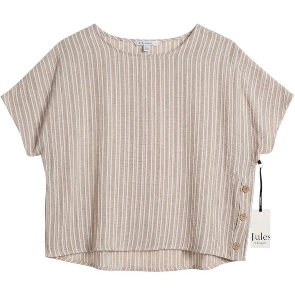 Jules & Leopold Womens Tan White Striped Crinkle Button Side Top Blouse L NEW